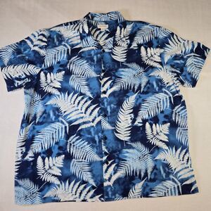 Mens XXL Hawaiian Shirt Blue White Palm Leaf Floral Button Down Tropical Beach